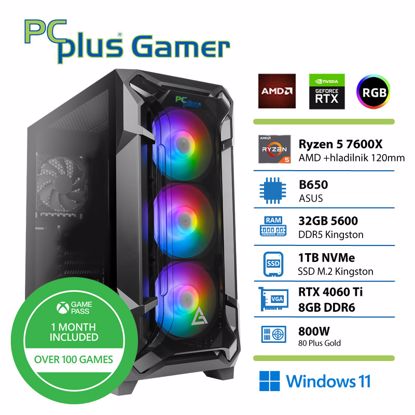 Fotografija izdelka PCPLUS Gamer Ryzen 5 7600X 32GB 1TB NVMe SSD RTX 4060Ti 8GB Windows 11 + Xbox GP gaming namizni računalnik