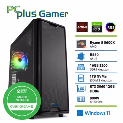 Fotografija izdelka PCPLUS Gamer Ryzen 5 5600X 16GB 1TB SSD GeForce RTX 3060 12GB Windows 11 Home + Xbox GP gaming namizni računalnik