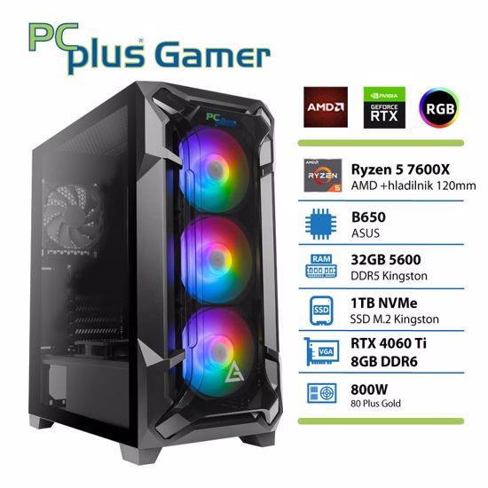 Fotografija izdelka PCPLUS Gamer Ryzen 5 7600X 32GB 1TB NVMe SSD RTX 4060Ti 8GB gaming namizni računalnik