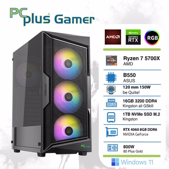 Fotografija izdelka PCPLUS Gamer Ryzen 7 5700X 16GB 1TB NVMe SSD GeForce RTX 4060 8GB RGB Windows 11 Home gaming namizni računalnik