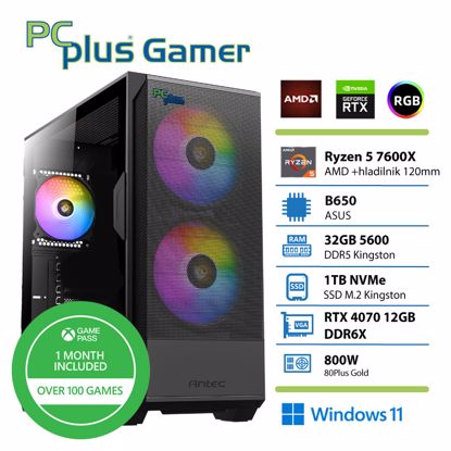 Fotografija izdelka PCPLUS Gamer Ryzen 5 7600X 32GB 1TB NVMe SSD RTX 4070 12GB Windows 11  + Xbox GP gaming namizni računalnik