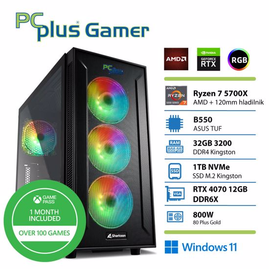 Fotografija izdelka PCPLUS Gamer Ryzen 7 5700X 32GB 1TB NVMe SSD GeForce RTX 4070 12GB RGB Windows 11 Home + Xbox GP gaming namizni računalnik